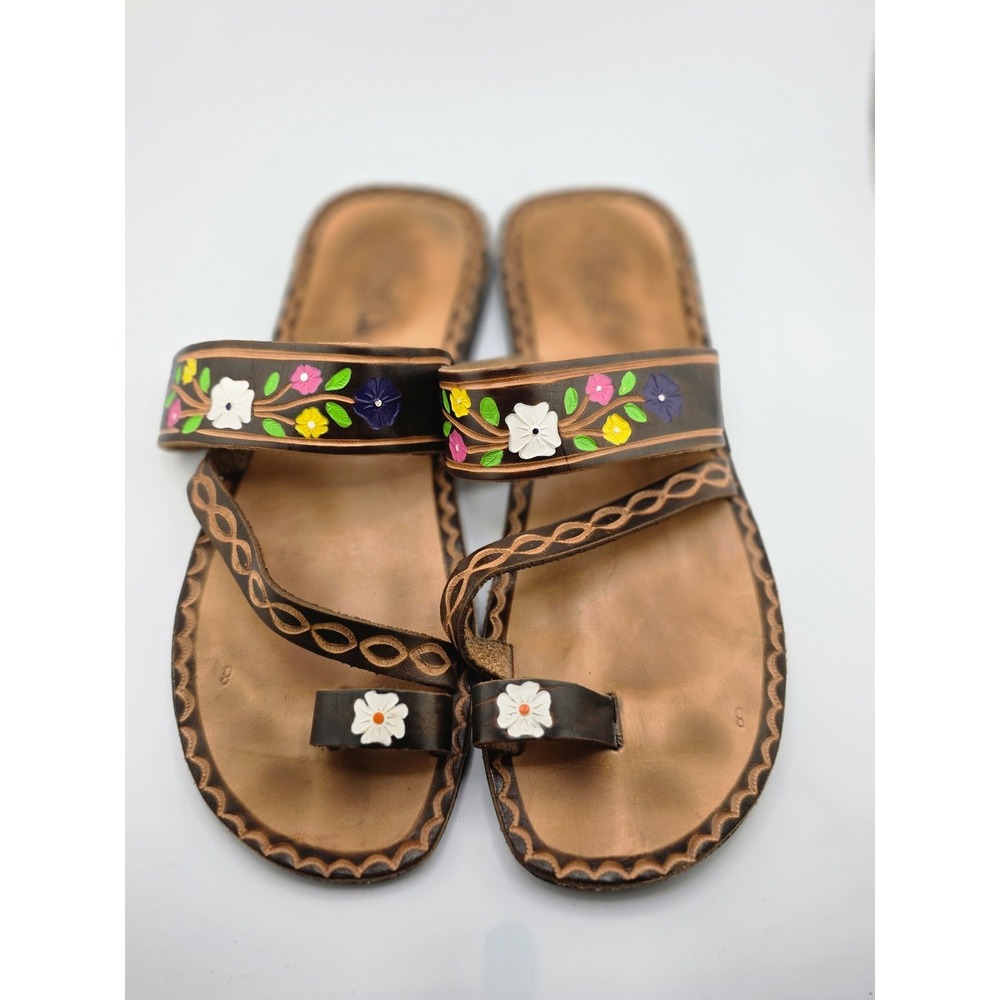 Vintage Handmade Leather Sandals Floral Toe Ring Slides Women's Size 8